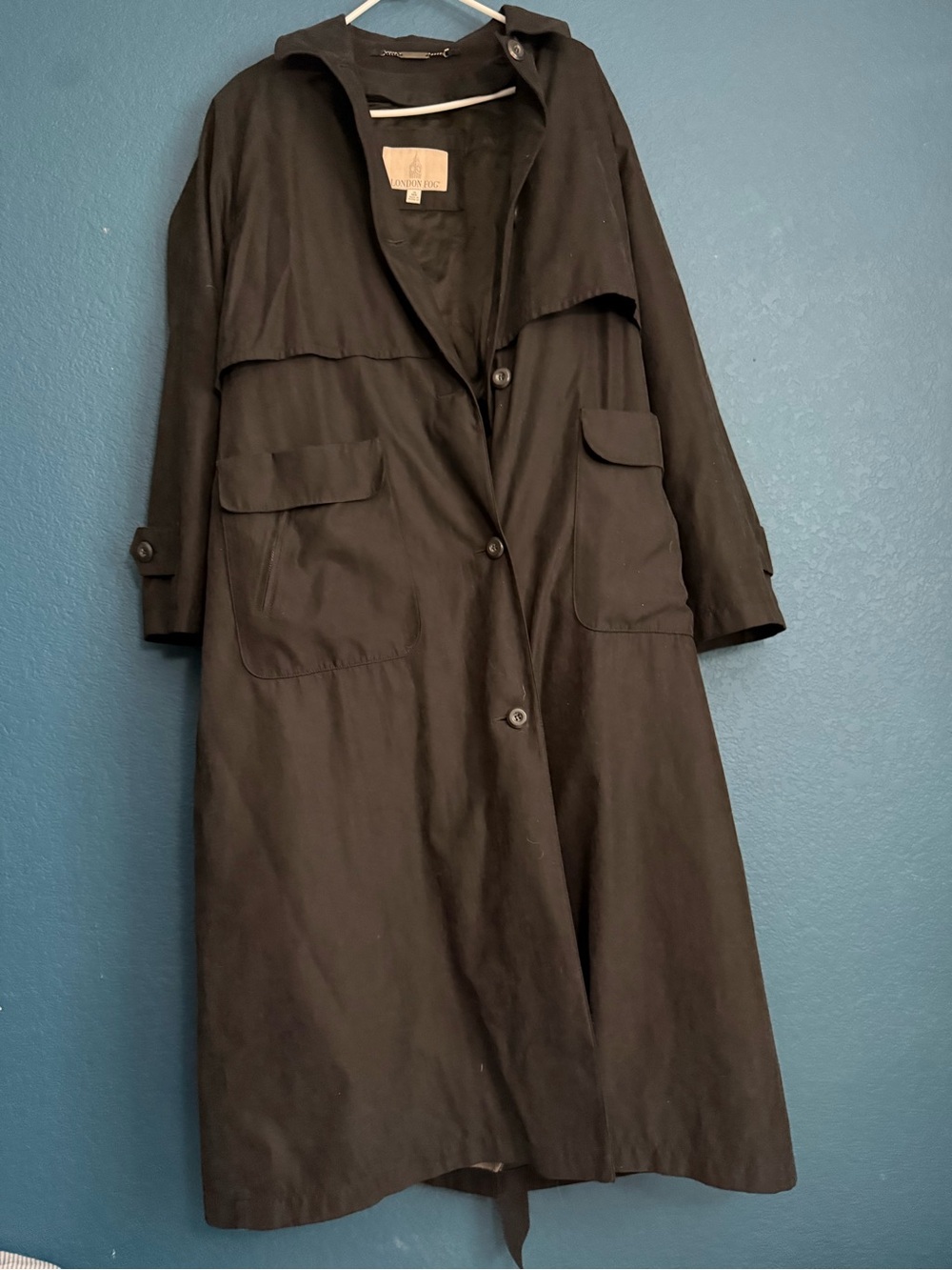 London Fog Black Long Trench Coat with Flap Pockets